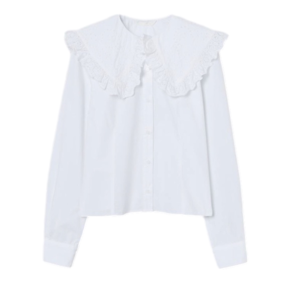 H&M White Cotton Ruffled Collar Button-Up Blouse